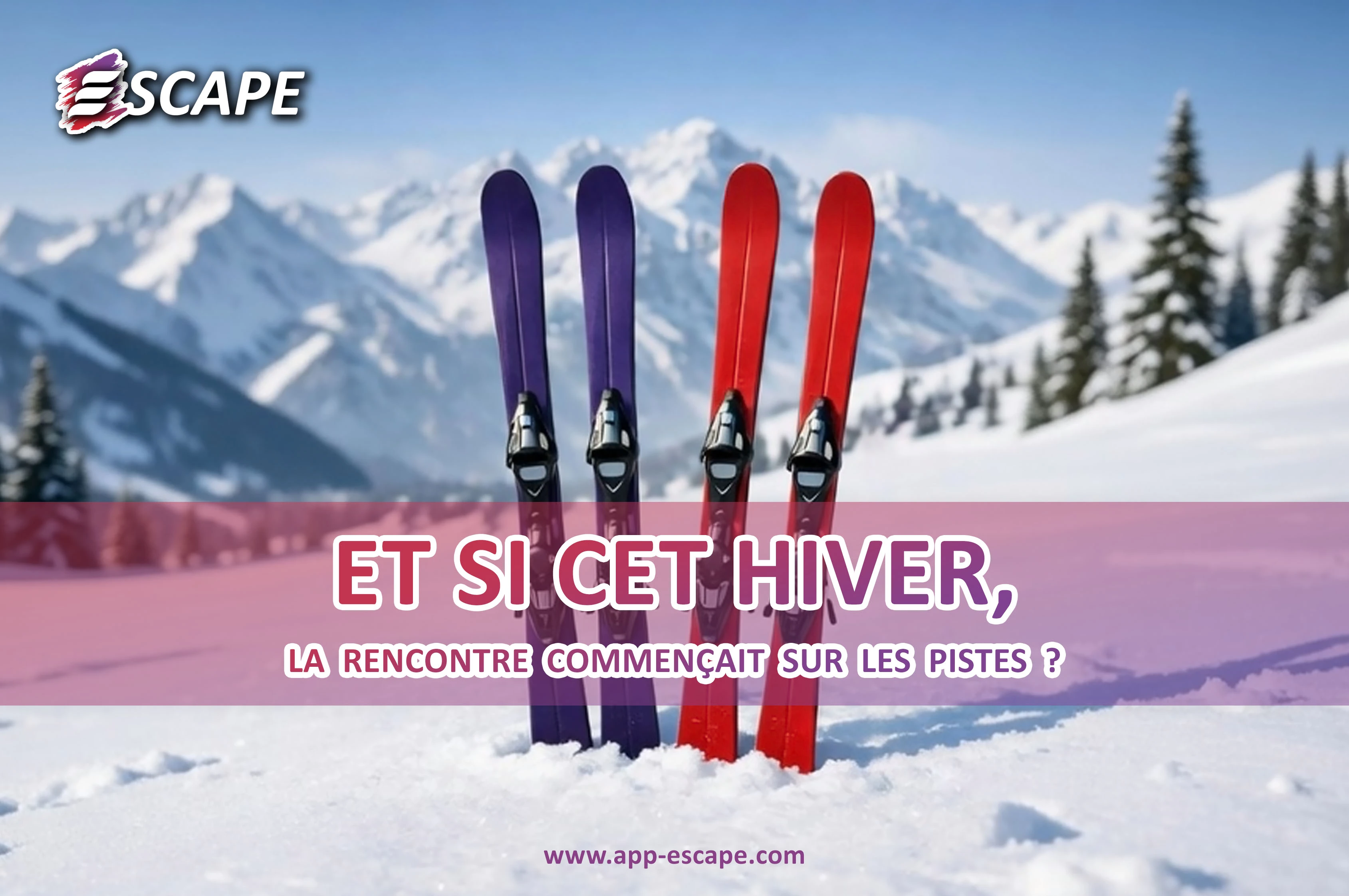 Deux paires de skis plantées dans la neige en station de montagne, illustrant les rencontres hivernales sur les pistes avec Escape