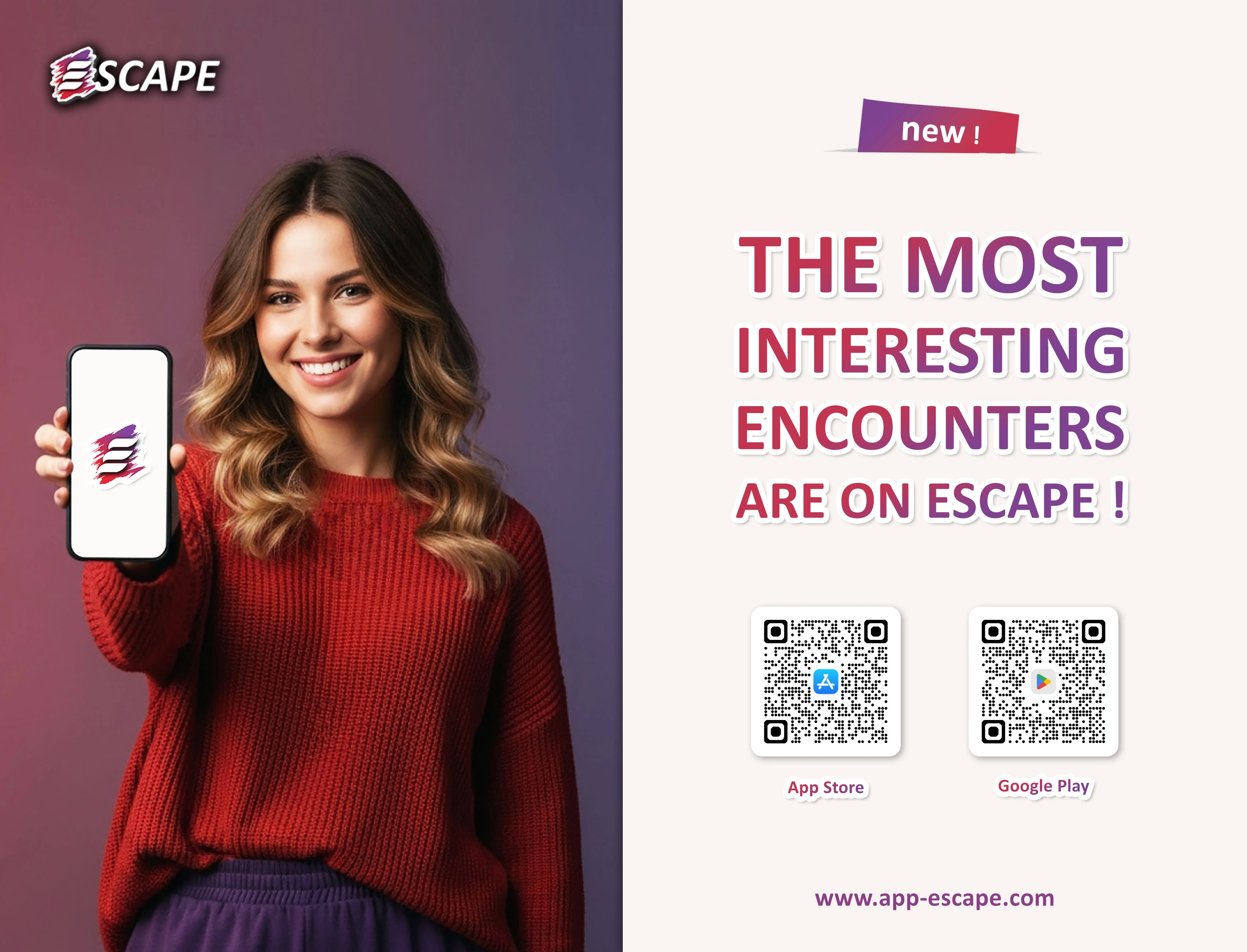Modern smiling young woman presenting the Escape app on her smartphone, with the slogan “The most interesting connections are on Escape !”