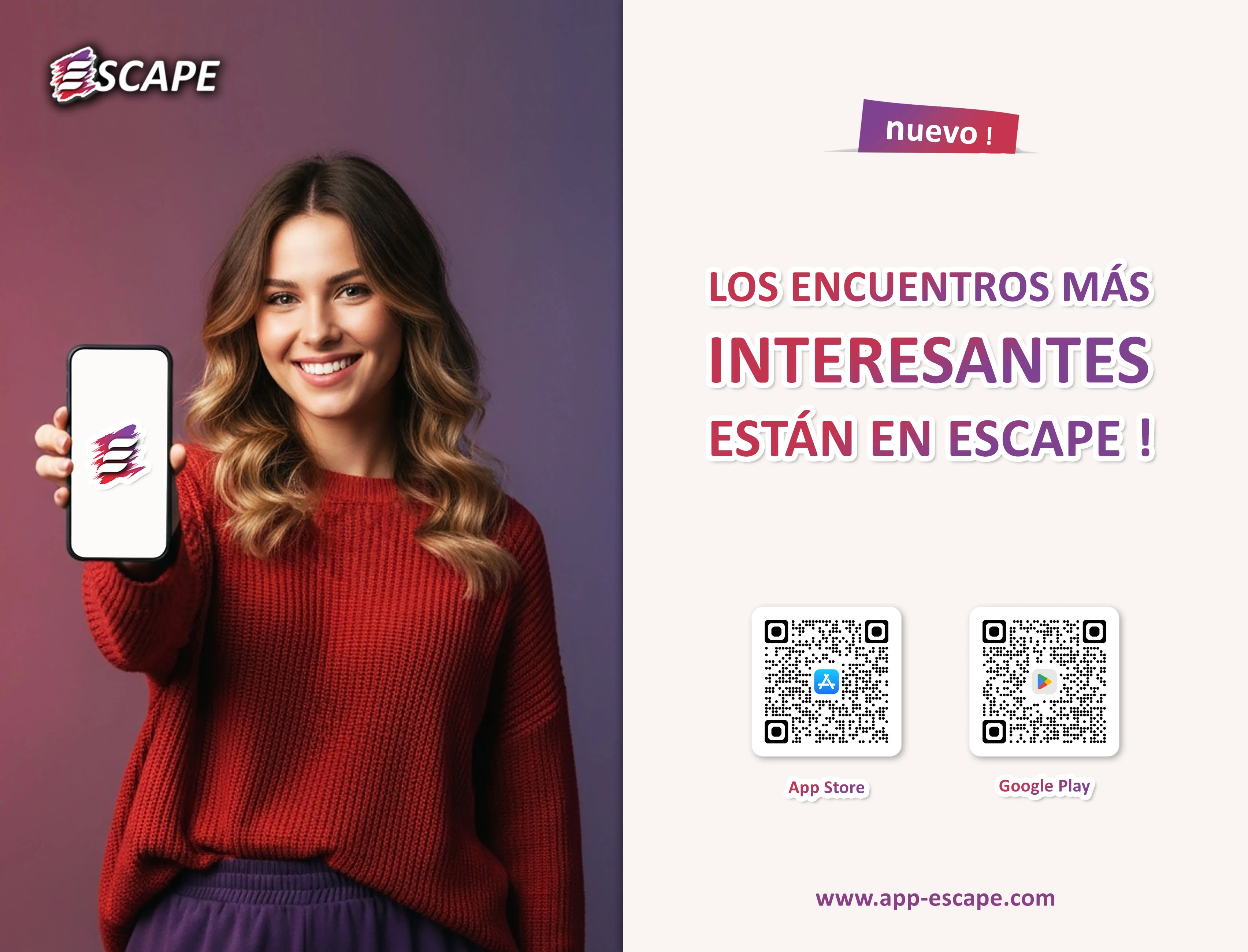 Joven mujer moderna y sonriente mostrando la aplicación Escape en su smartphone, con el eslogan «Las conexiones más interesantes están en Escape !»